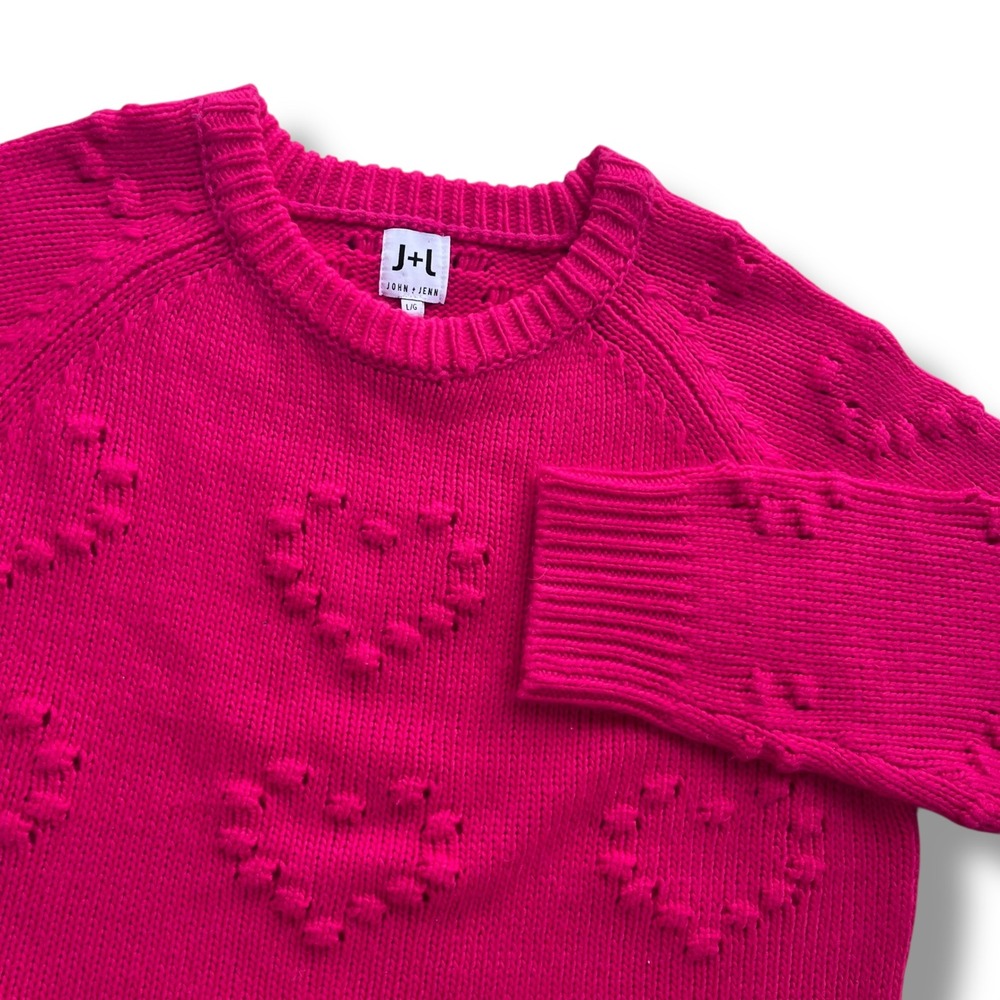 John + Jenn Womens L Hot Pink Fuchsia Textured Heart Crewneck Sweater Barbiecore
